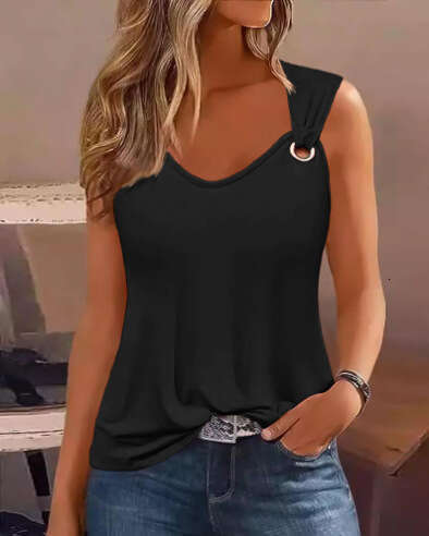 Summer Fashion Sexy Simple Metal Buckle V-Neck Sleeveless Women's Solid Color Sweet Vest B5