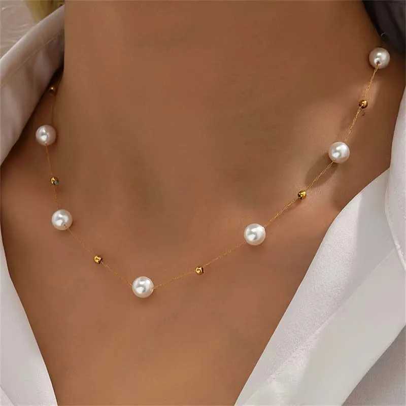 Simple Imitation Pearl Choker Necklaces for Women Girls Fashion Gold Color Metal Beaded Clavicle Chain Necklaces Jewelry Gifts Y250605