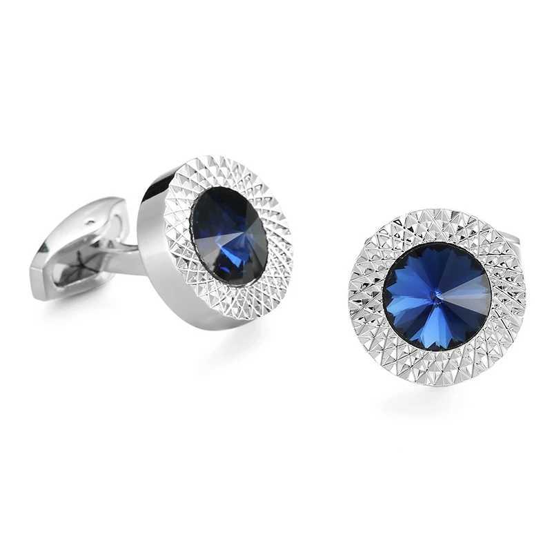 High quality Austrian blue crystal cats eye stone cufflinks French shirt brass crown design wedding mens crystal cufflinks W250606