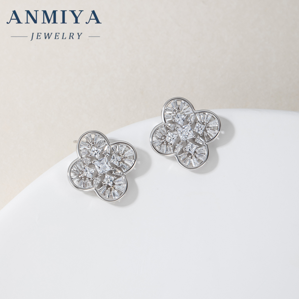 High End Rhodium Plated Zirconium Four Leaf Clover Set S925 Sterling Silver Necklace Earrings Set Jewelry