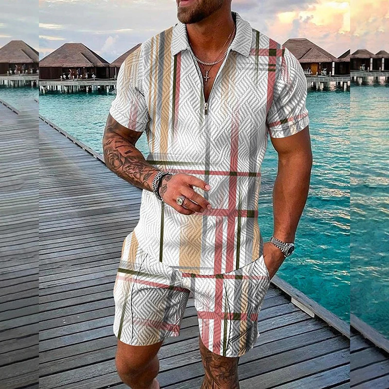 Funny 3D Print Mens Sets Fashion Polo ShirtShorts 2 Piece Outfit Fashion Zipper Short Sleeve Shirts Summer Hip Hop Streetwear 250605