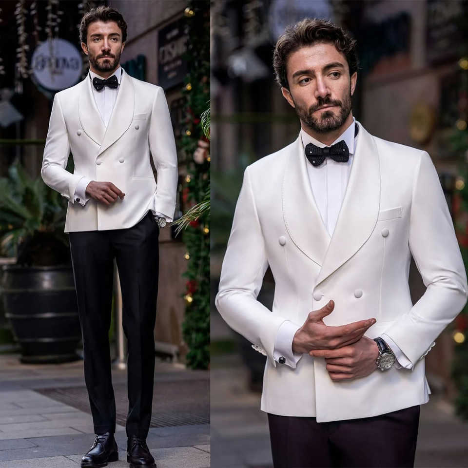 Elegant Wedding Tuxedos 2 Piece Set White Jacket Black Pants Men Suit Shawl Lapel Customized Groom Wear Party Suits