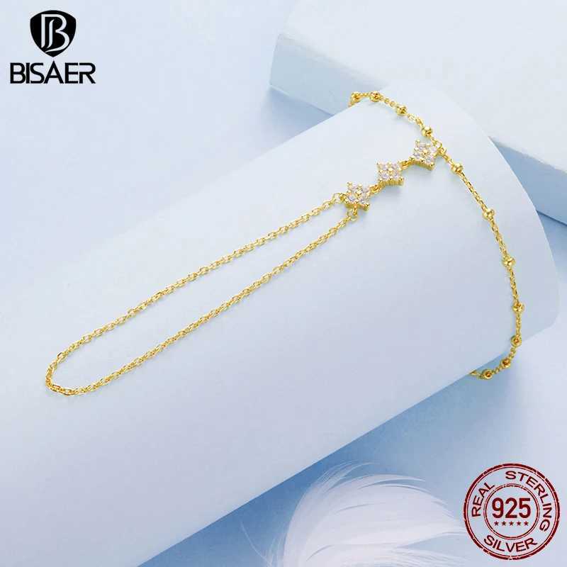 BISAER 925 Sterling Silver Finger Ring Bracelet Hand Chain Trendy Thin Dainty Stackable Chain Plated Gold for Women Fine Jewelry W250606