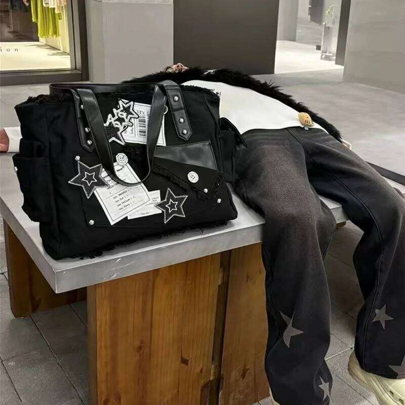 Xiuya Y2k Black Womens Tote Canvas Gothic Fashion Vintage Patchwork Shoulder Bag Large Capacity Original Female New Handbag