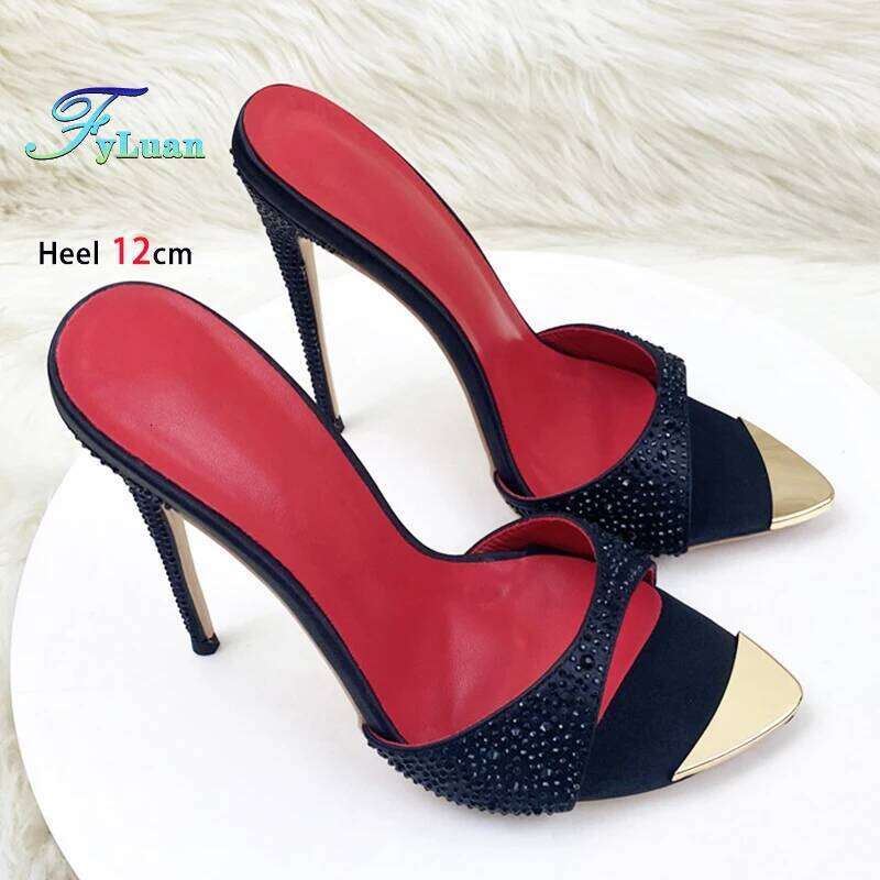 Women Rhinestone Stiletto Slippers Summer Party Shoes 12CM Black Pointed Toe Sandals For Ladies High Heels Mules Size 46