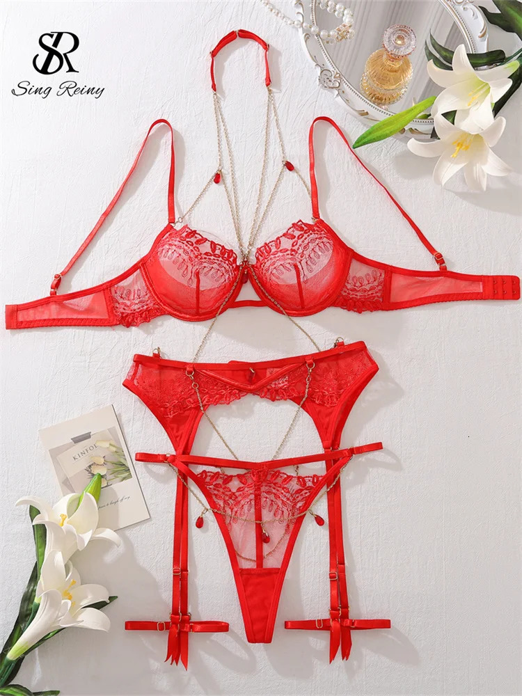 SINGREINY Chain Halter Sensual Underwear Sets Sexuality Garter Skinny Shapewear Women Lingerie Spliced Sheer Erotic Bra Suits 250603