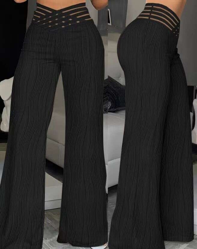 Summer High Waist Casual With Draping Pleats, Hollow Out Water Ripple Wide Leg Pants, Women's Long Pants B5