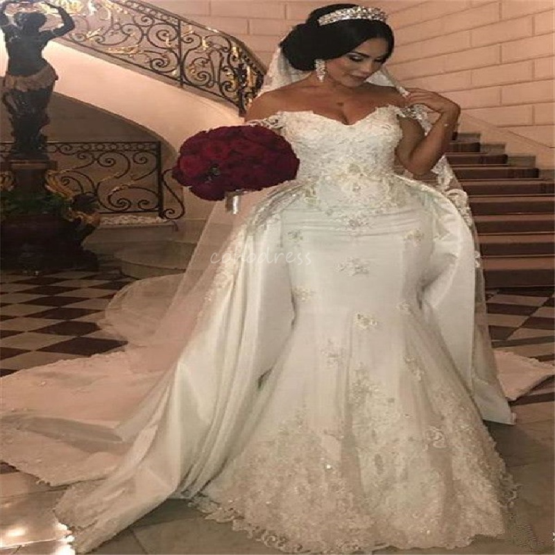 Glamorous Mermaid Wedding Dress With Overskirt Train Plus Size Lace Elegant Country Bridal Dress 2025 Dubai Arabic Bride Dress Vestio De Mariee