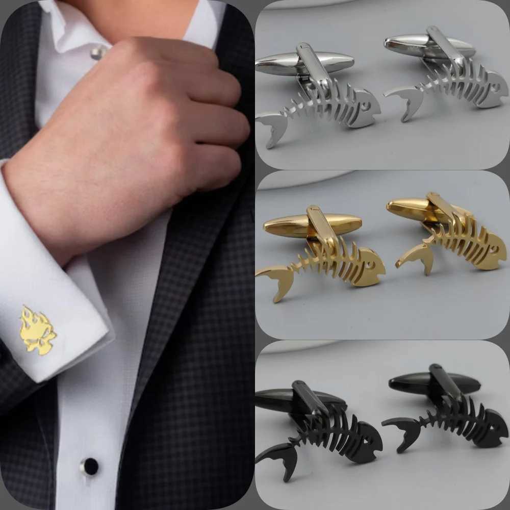 Creative Fish Bone Hollow Cufflinks Silver Gold-Plated French Shirt Cuffs Black Cufflinks for Suit Accessories Gifts for Men W250606