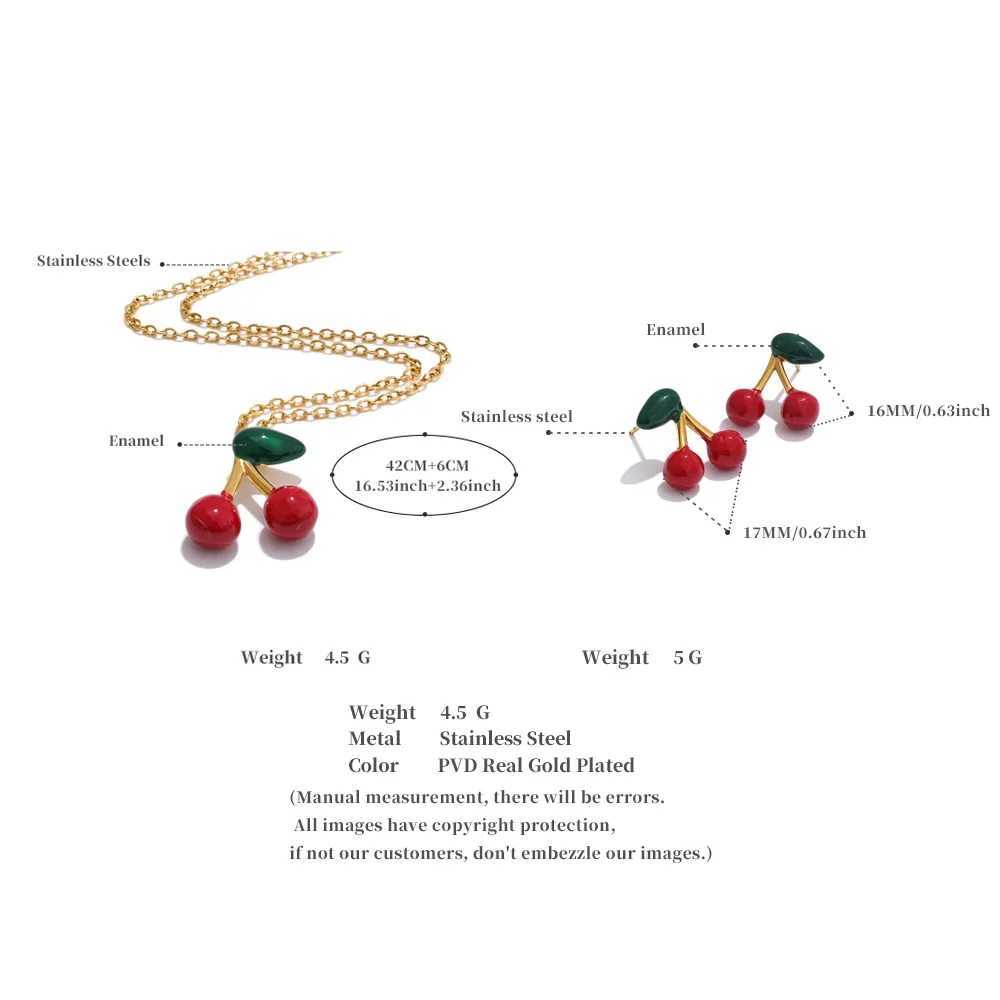 Yhpup Hot Style Lovely Fruit Sweet Red Enamel Cherry Pendant Necklace Stud Earrings Stainless Steel Waterproof Charm Jewelry Y250605