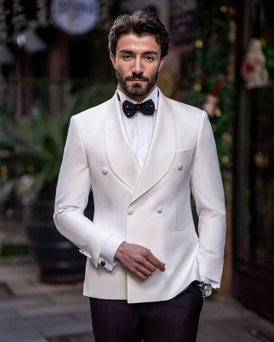 Elegant Wedding Tuxedos 2 Piece Set White Jacket Black Pants Men Suit Shawl Lapel Customized Groom Wear Party Suits