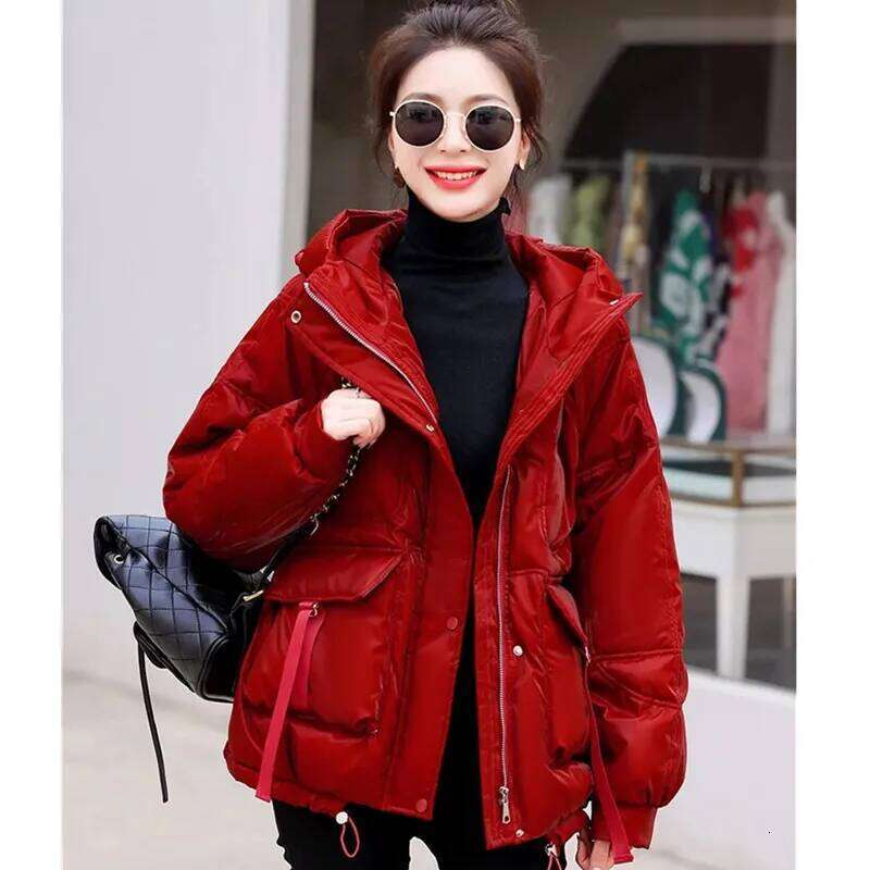 Glossy Down Cotton Jacket 2024 Winter New Thicken Padded Parkas Coat Women Warm Hooded Jackets Fashion Loose Short Outwear