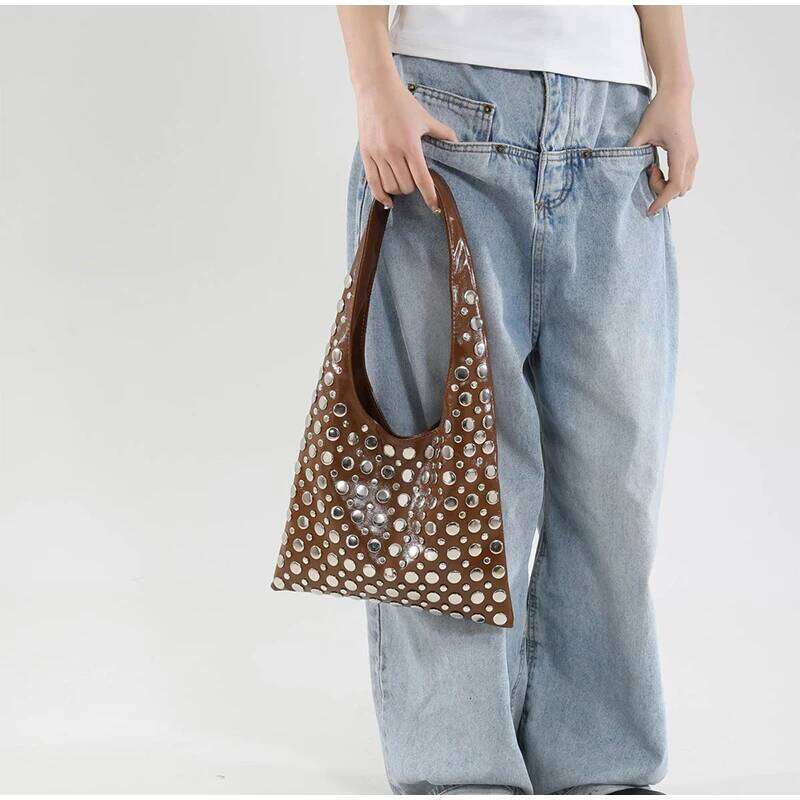 2025 Retro Rivet Decoration Women's Shoulder Bag New Motorcycle Style Underarm Fashion Large Capacity All-Match Handbag