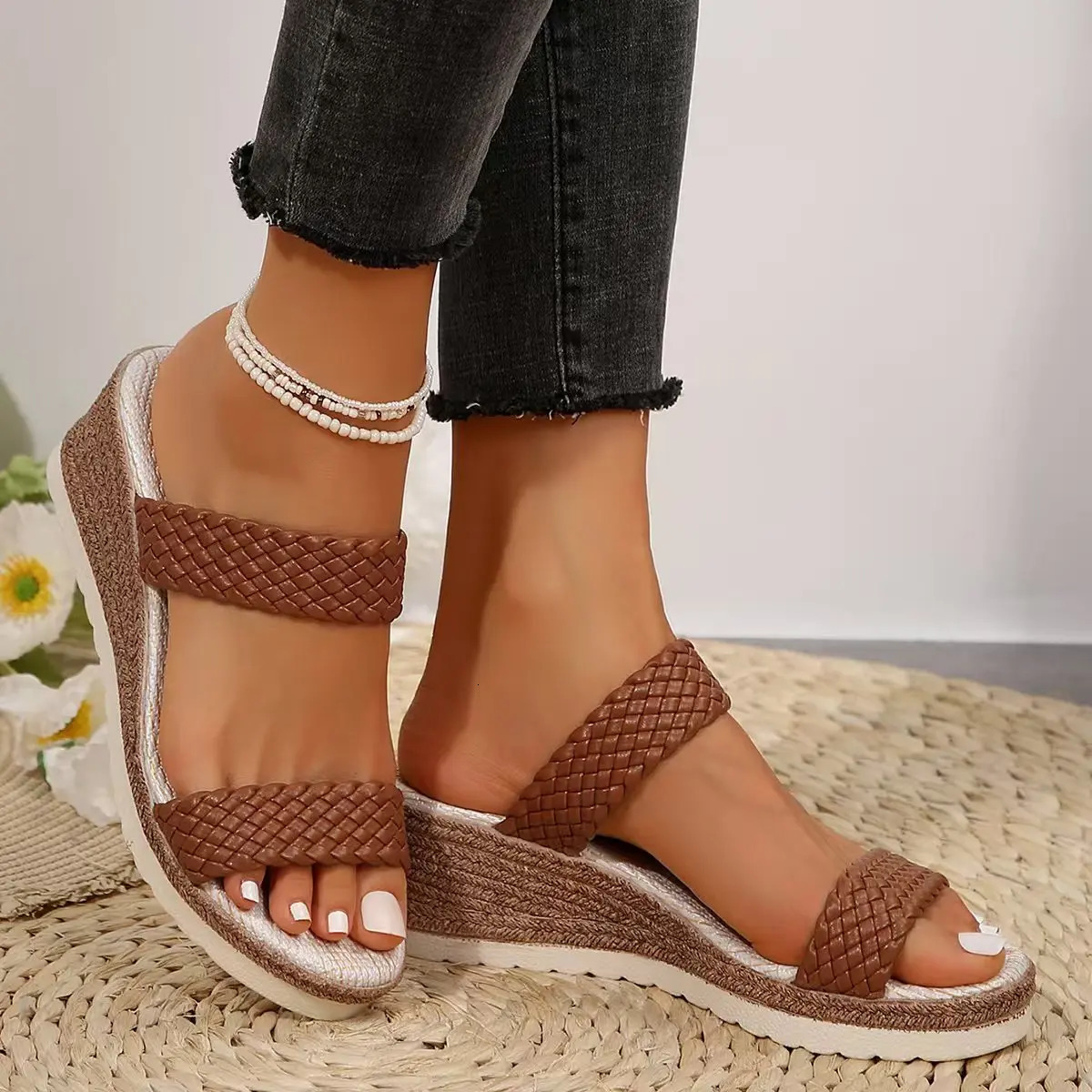 PU Leather Woven Wedge Sandals for Women 2025 Summer Fashion Platform Slippers Woman Casual Comfortable Outdoor Beach Sandalias 250605