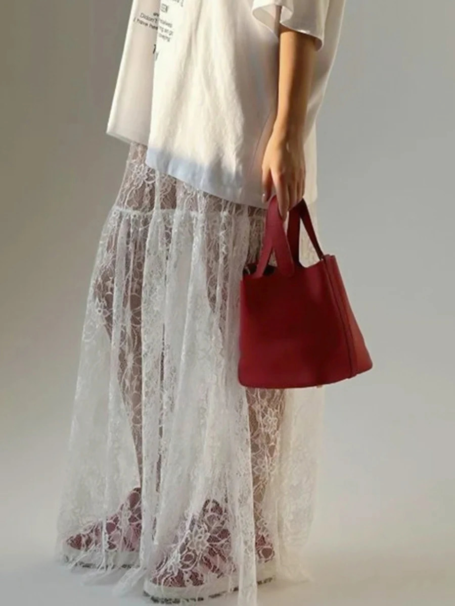 Lace Jacquard Transperant Skirt Women Summer High Waist Sexy Casual Long Skirts 2025 Streetwear Fashion White Maxi 250528