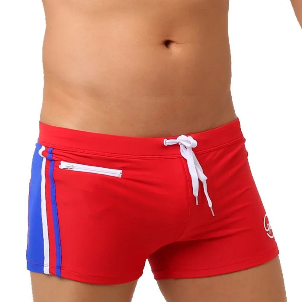 Sexy Swimsuit Beach Quick Drying Trunks Men Swimwear with Zipper Pocket Swimming Boxer Brief Square Leg Bathing Suit Board Short 250530
