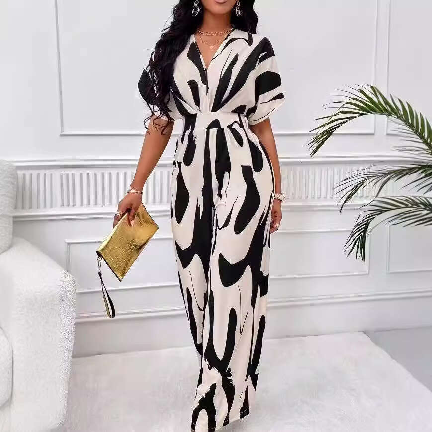 Women's Fashion Elegant V-Neck Full Print Batwing Sleeve Wide-Leg Jumpsuit B5