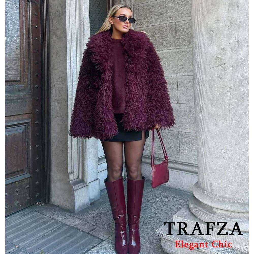 TRAFZA-Women Stylish Fur-Effect Lapel Shaggy Faux Fur Bury New 2025 Fall Winter Fashion Elegant Vintage Coat