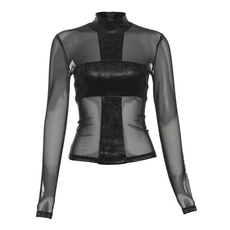 Autumn Winter New Women's Fashion Trendy Hot Girl Mesh See-Through Round Neck Slim Fit Top B5