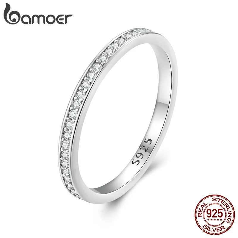 BAMOER Moissanite Wedding Band 925 Sterling Silver Eternity Rings Platinum Plated Lab Created Diamond Stackable Ring for Women Romantic Gift MSR030
