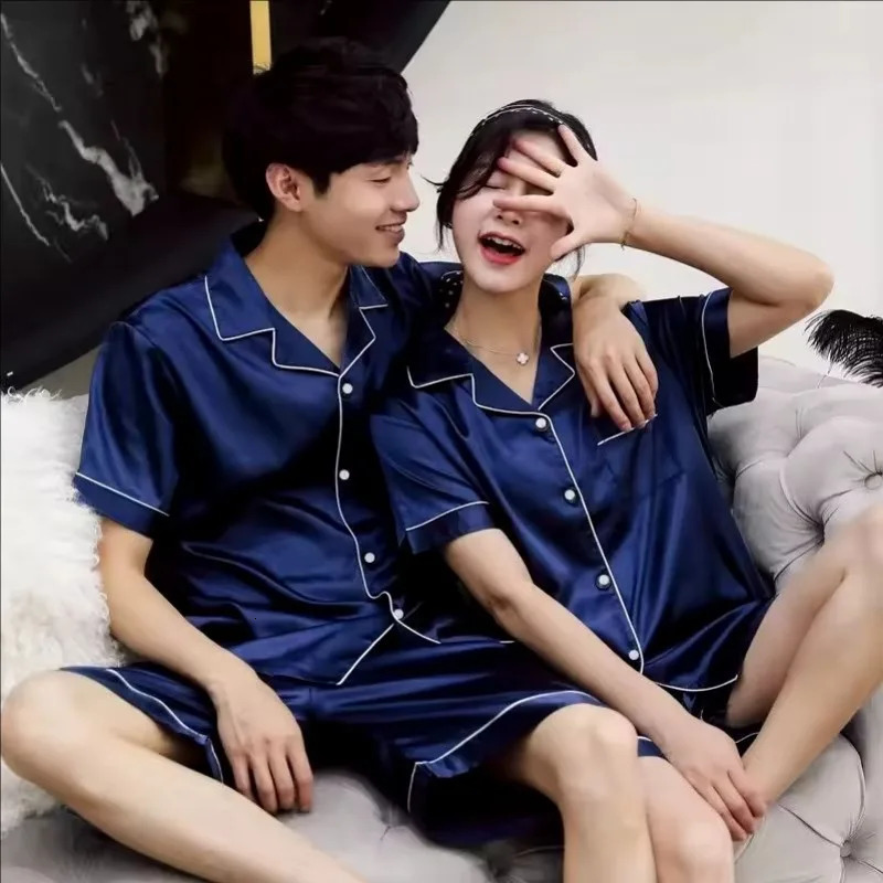 Solid Color Sleepwear Silk Satin Pajamas Couple Set Short-sleeved Pajamas Suit Sleepwear Women Men Loungewear Plus Size Pj Set 250530