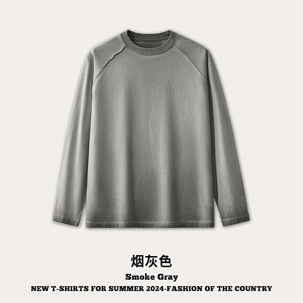 Clothing|Trendy Brand New Dirty Wash 270g Long Sleeve Men Ins Solid Color Washed Vintage Men's T-Shirt