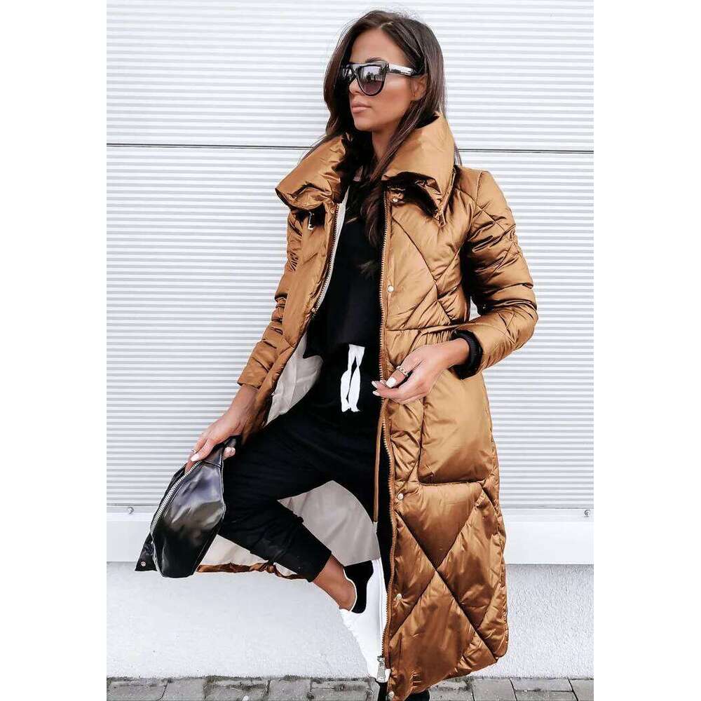 Glossy Women Sleeve Lapel Long Winter Keep Warm Parkas Outwear Zipper Cotton-Padded Coat Jackets