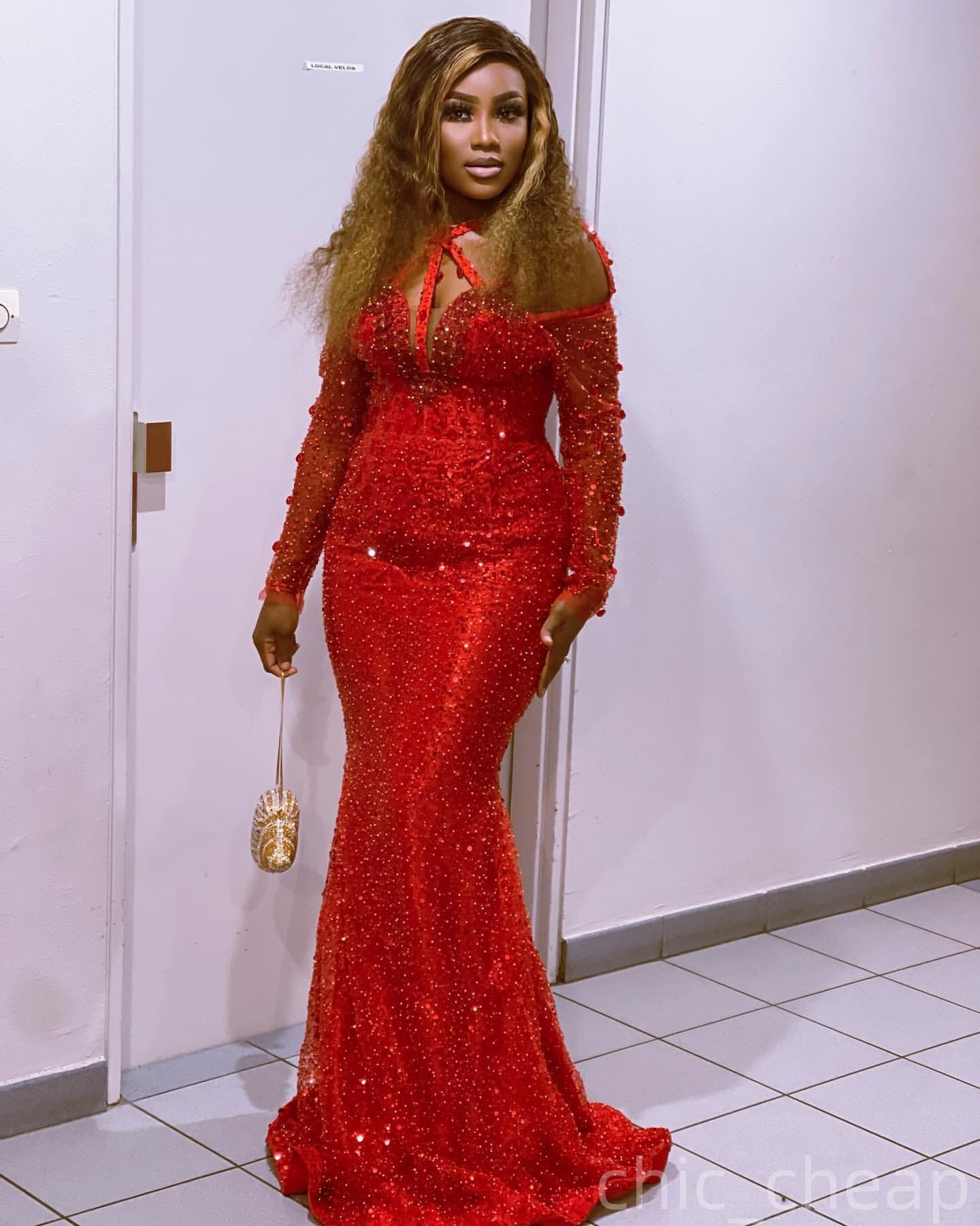 Mermaid Red Prom Dresses 2025 Crystals Sequined Full Sleeves Evening Formal Party Second Birthday Engagement Gowns Plus Size Dress For Special Occasio