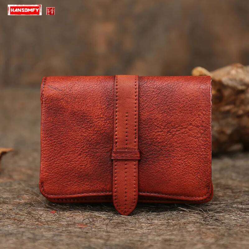 Genuine Women Short Wallet Folding Handmade Female Mini Coin Purse Card Holder Retro Leather Small Wallets 2025 New