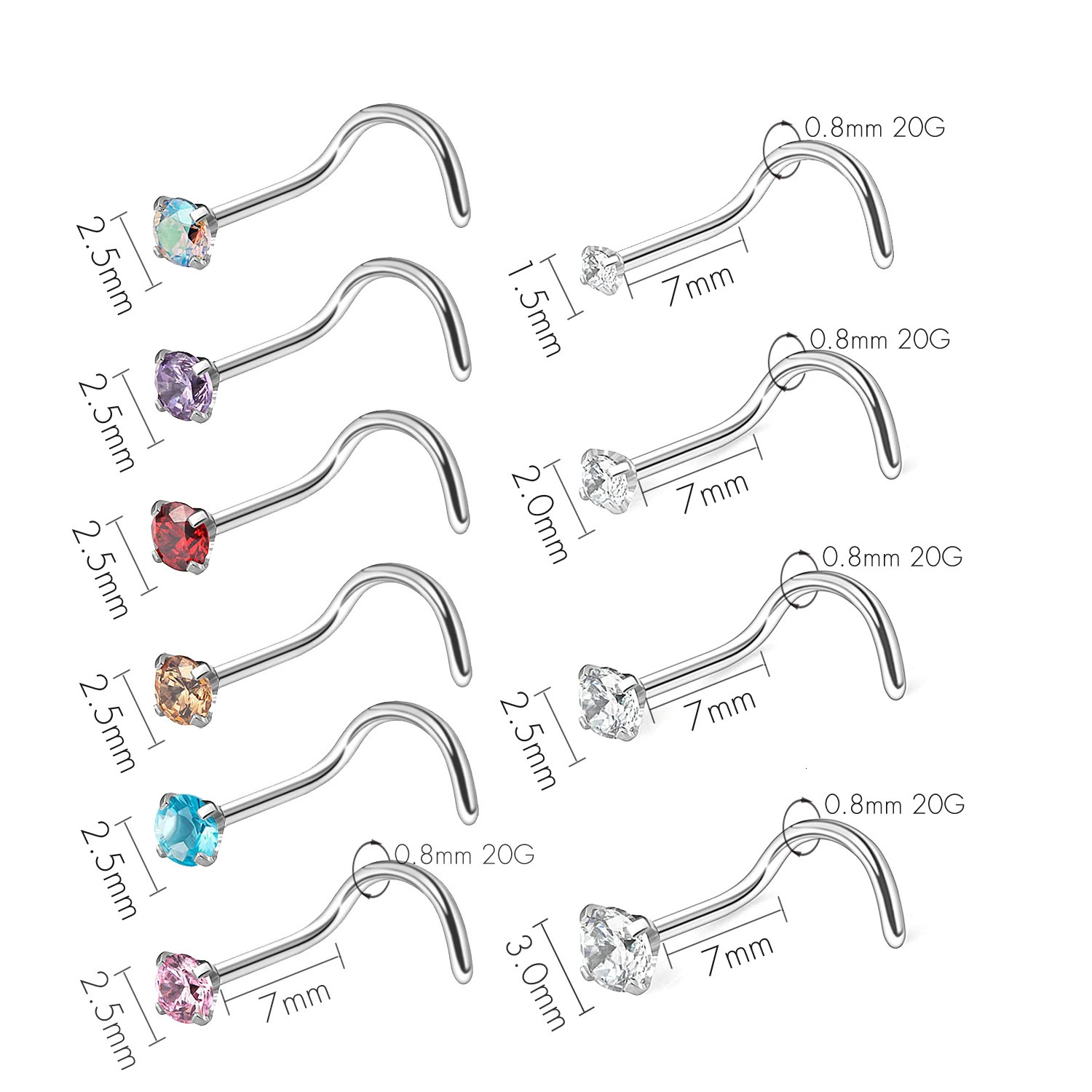 6/10Pcs CZ Gem Stainless Steel Nose Rings Nostril Piercing Studs Jewelry S L Bone Shape Multi Color Round Crystal 20g 250605