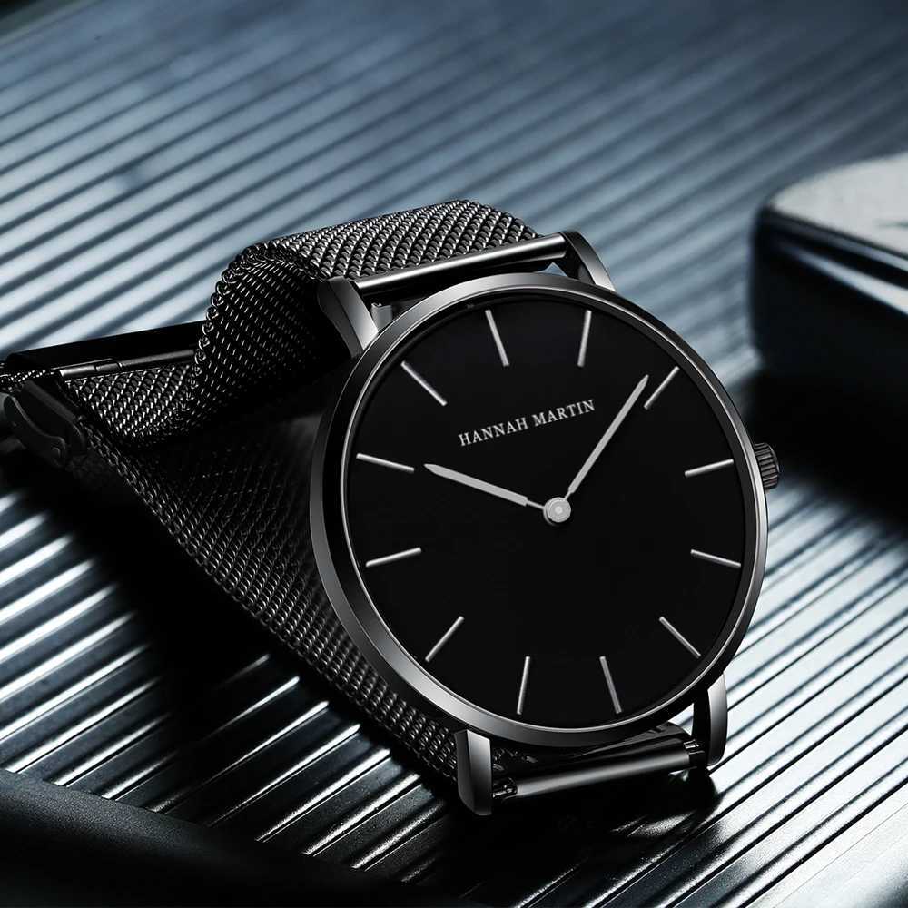 Japanese Quartz Movement Men Stainless Steel Mesh Watch Hannah Martin Brand Original Simple Casual Business Style Men Wristwatch Y250605
