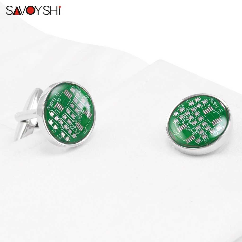 SAVOYSHI Newest Real Circuit Board Cufflinks For Mens Shirt Cuff buttons High Quality Round Cuff links Gift Free Engraved Name W250606