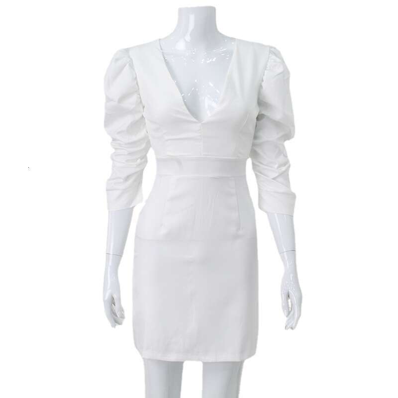 Women's Clothing Pure White Puff Sleeve Deep V Waist-Cinching Backless Elegant Fashion Dress Trend B5