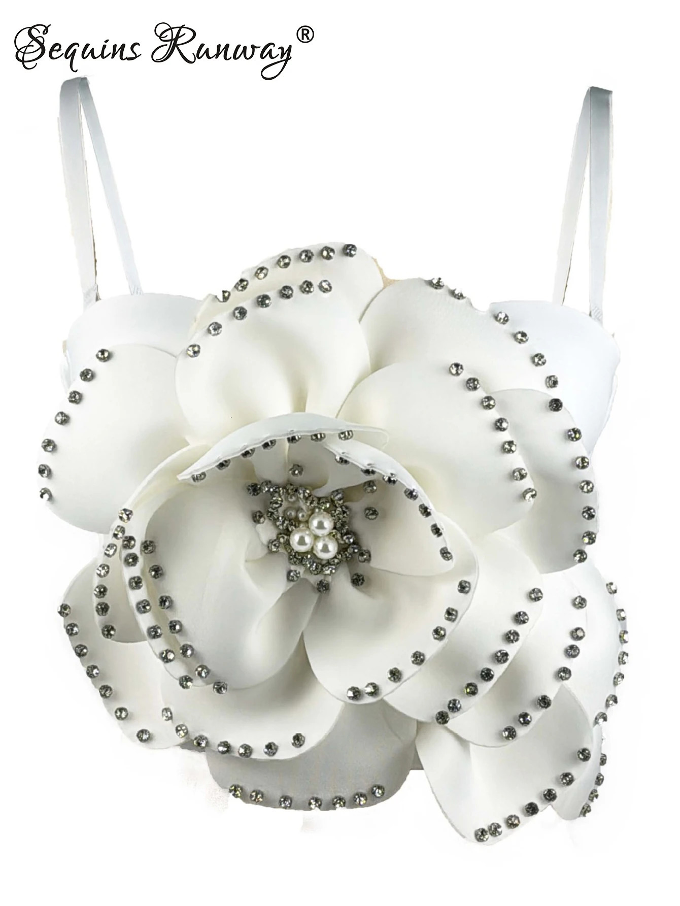 Sexy pink white flower corset crop top women clothing summer body cropped beading bra club party tops woman halter tank top 250530