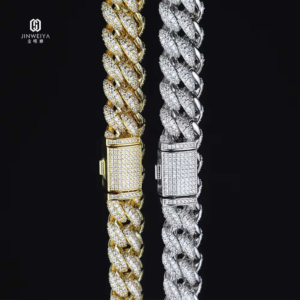 Mens Hip Hop Necklace with 18K Gold Plating Pass Diamond Test GRA Moissanite Diamond Sterling Silver Cuban Link Chain