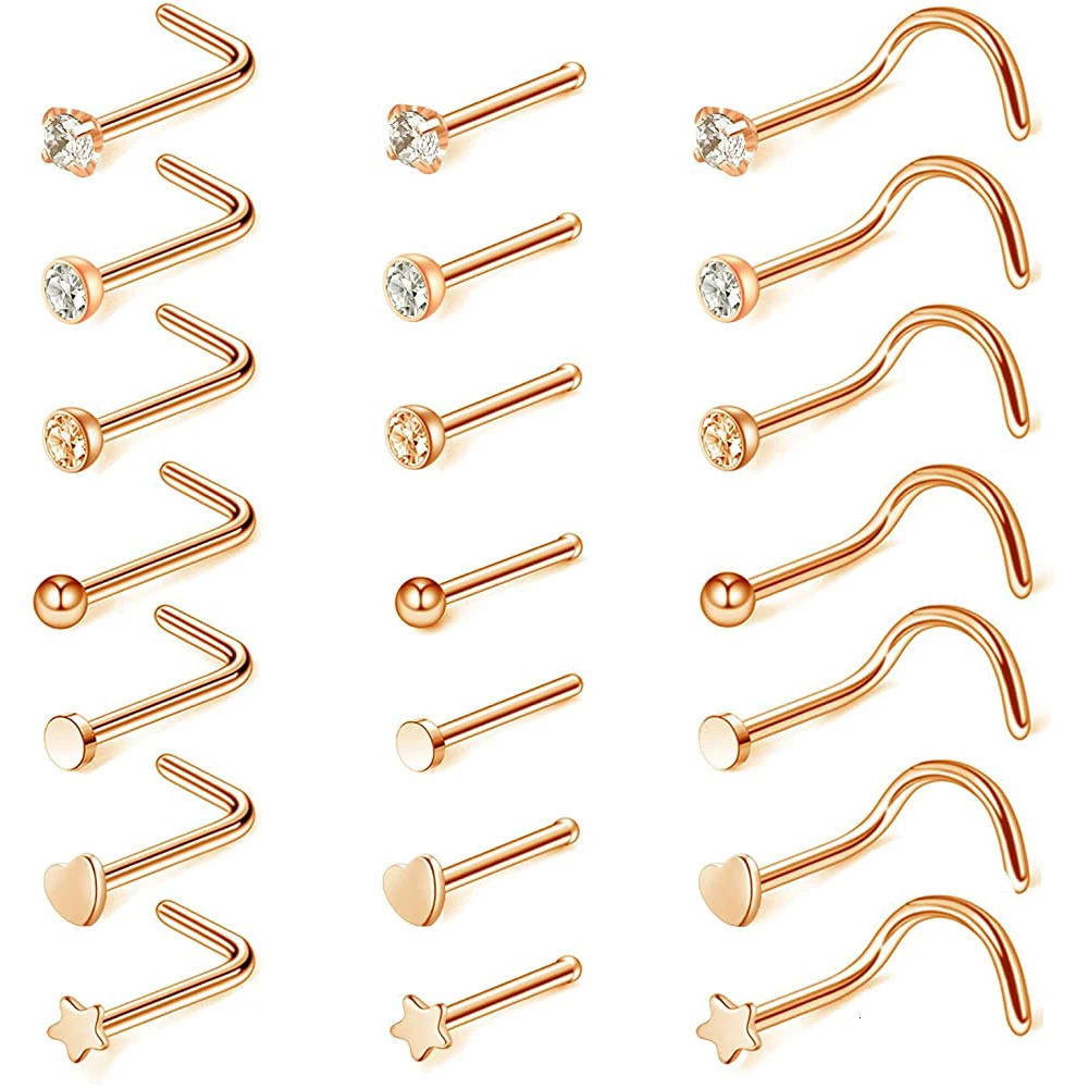 21pcs/lot 20G Stainless Steel Nose Ring Stud Set Heart Crystal Nose Piercing Screw L Shape Nostril Hoop Nose Body Jewelry 250605