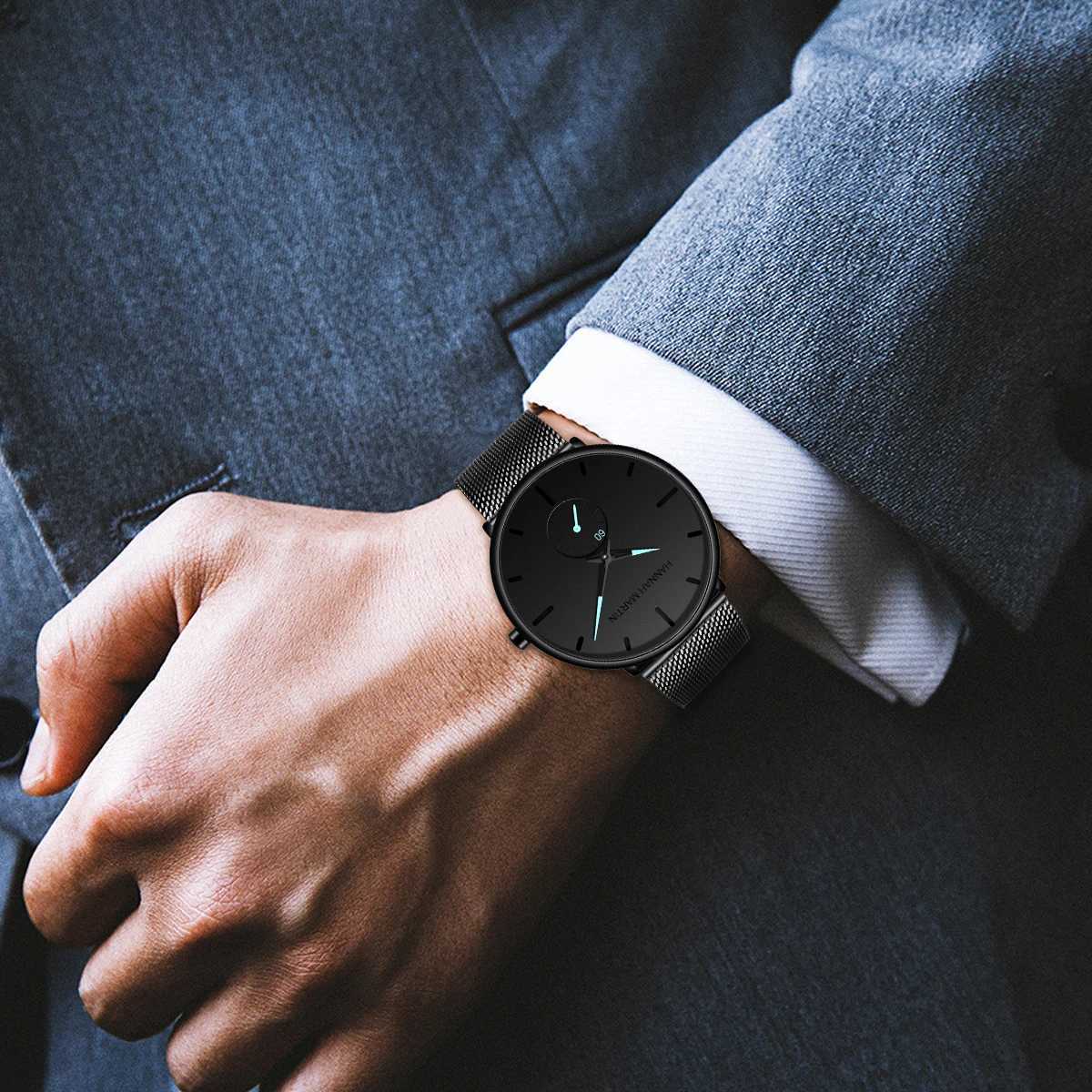 Hannah Martin Mens Watch Fashion Blue Black Timing Small Dial Original Quartz Movement Stainless Steel Casual Sports Mens Watches Y250605