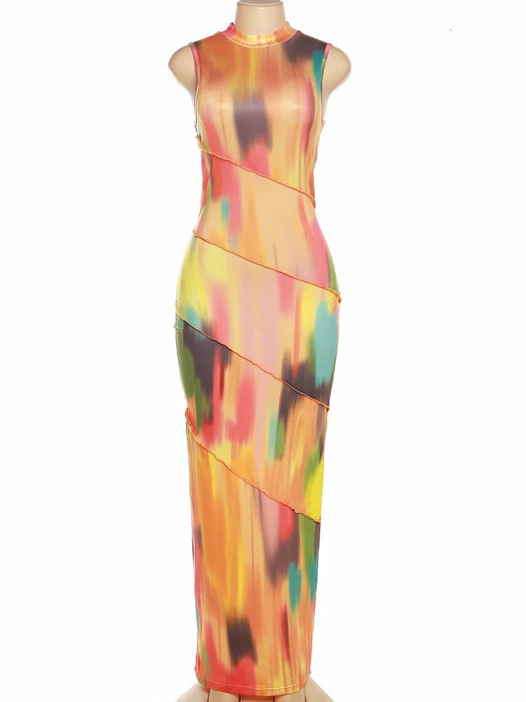Weird Puss Colorful Print Dress Women Summer Trend Sleeveless Patchwork Skinny Elastic Bodycon Birthday Party Clubwear Vestidos 250605