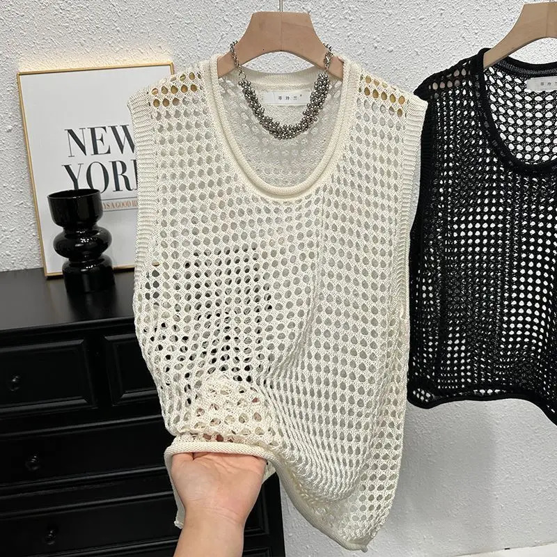 Hollow-out Thin Knit Summer Style Vest Loose Tank Top Round Neck Short and Versatile Top 250605