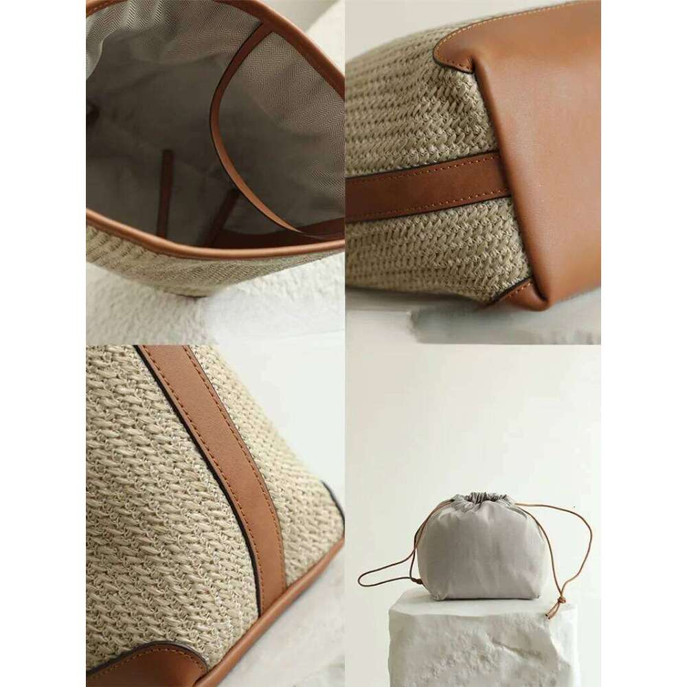 Cowhide Patchwork Straw Chic Designed Vacation Beach Handbag For Women Popular Trendy Bucket Holiday Shuolder Bag