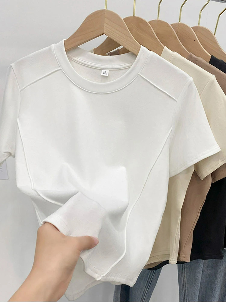 Solid color round-neck short-sleeved slim T-shirt for women 2025 summer and Europe 250605