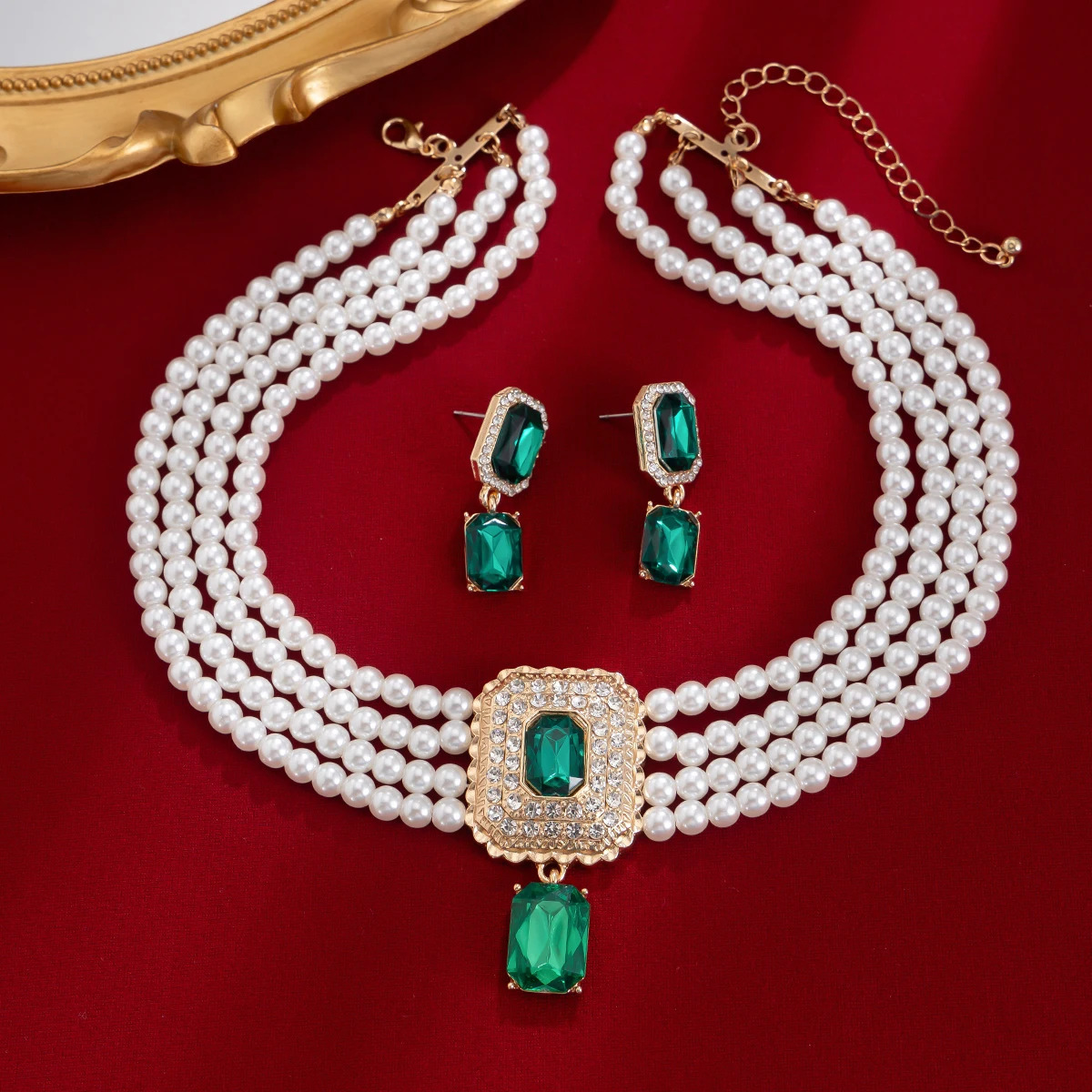 SHIXIN 2Pcs Multilayer Imitation Pearl Choker Necklace Earrings Bridal Green Rhinestone Neck Chain Wedding Jewelry Set 250530