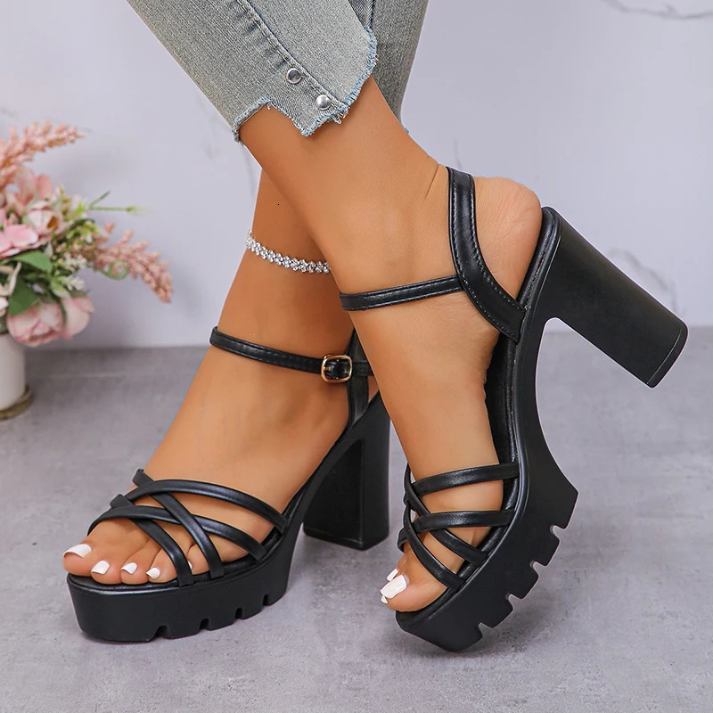 Womens Ankle Buckle High-Heeled Sandals Style Cross Strap Platform Sandal Female 2025 Outdoor Thick Heel Sandalias Mujer 250605