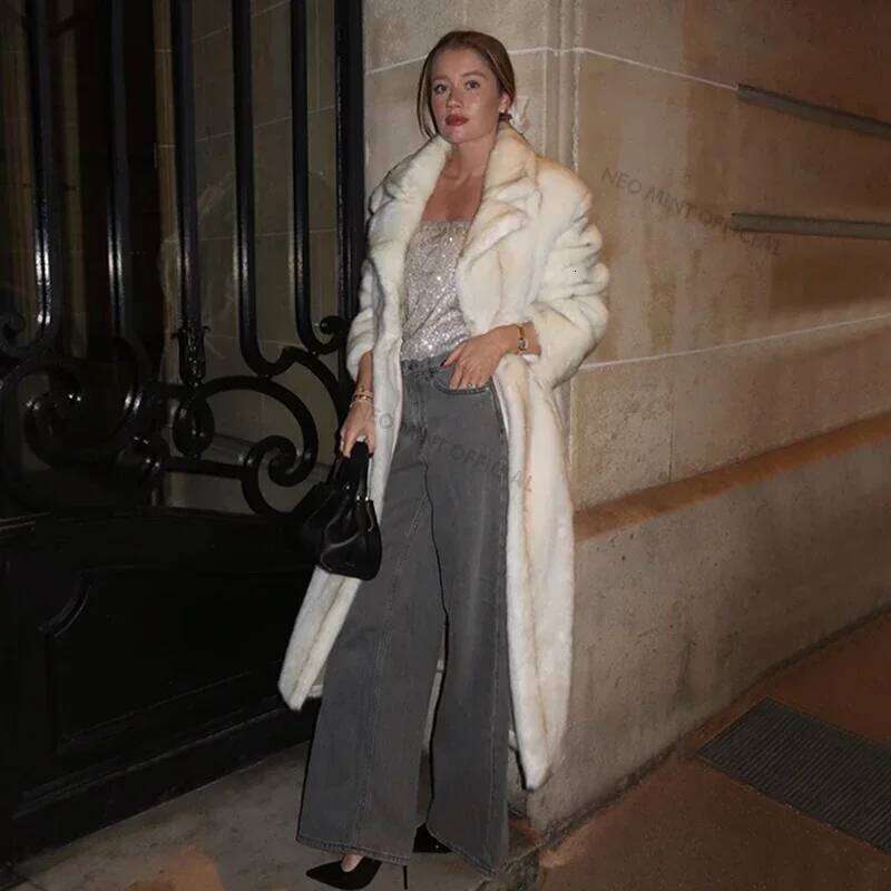 Neo Mint 2024 Winter Quality Long Faux Mink Coat Women High Street Furry Fur Jacket Brand Outerwear Overcoat