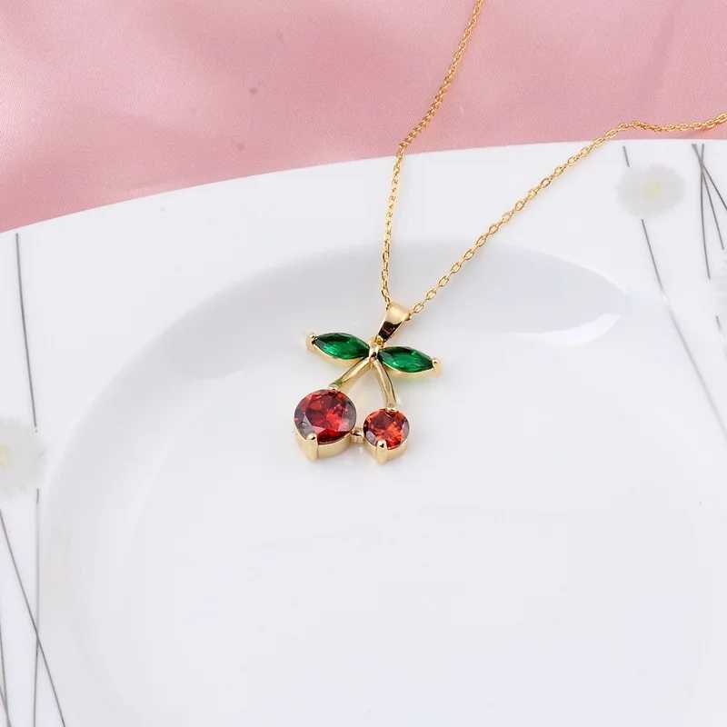 Fashion Korean style red cherry pendant micro-set zircon cute fruit necklace temperament cherry personality clavicle chain gift Y250605