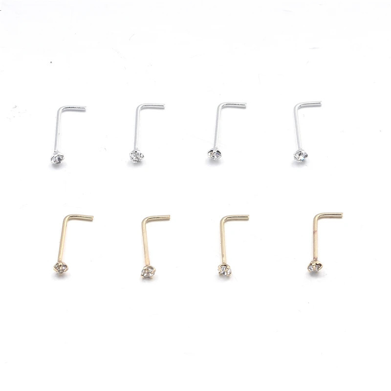 20PCS/Box Sterling L Shape Nose Stud Ring 2mm Clear Crystal Nose Piercing Body Jewelry 250605