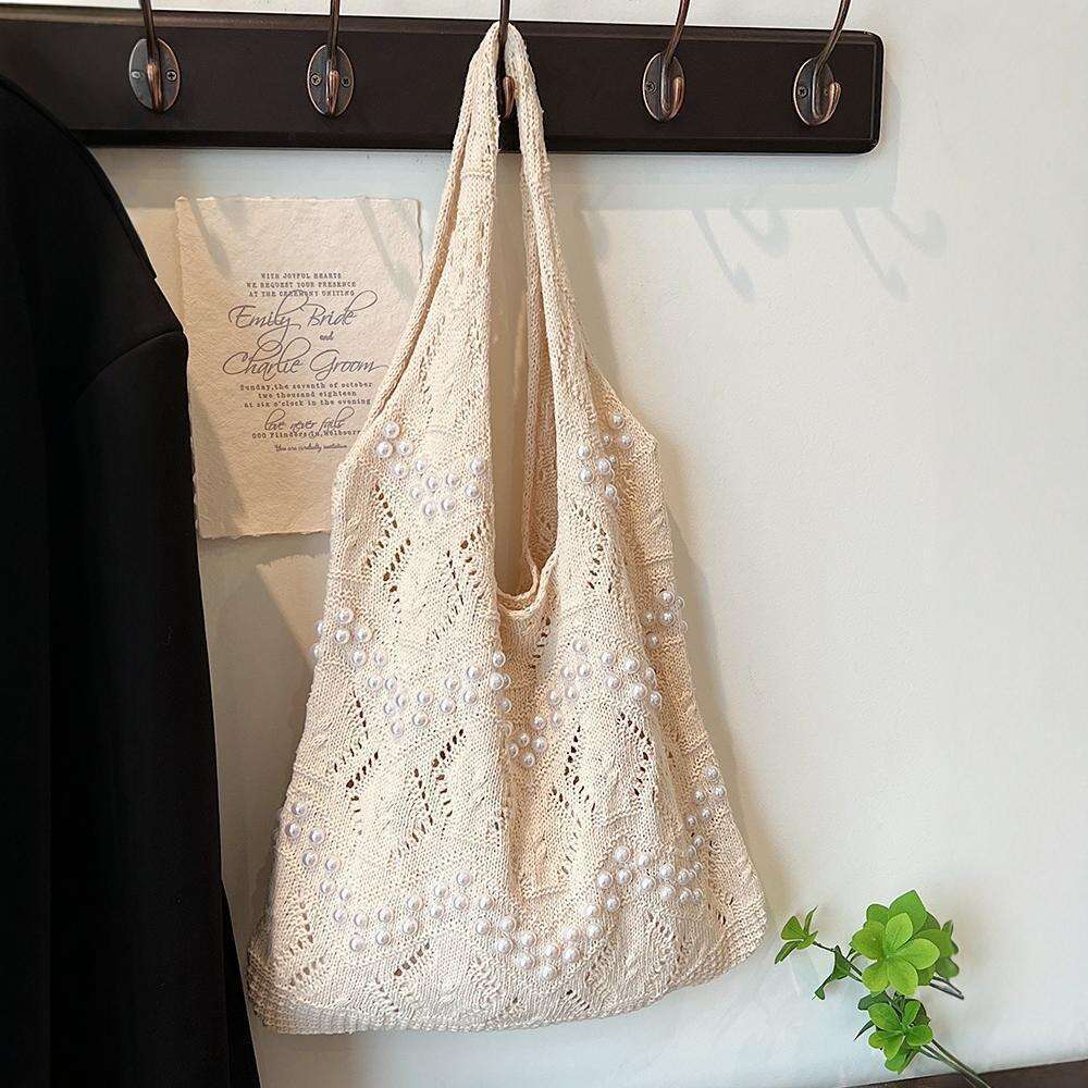 Casual Simple Knitted For Women New Large Capacity Commuter Shoulder Fashion Pearl Tote Bucket Bag B5