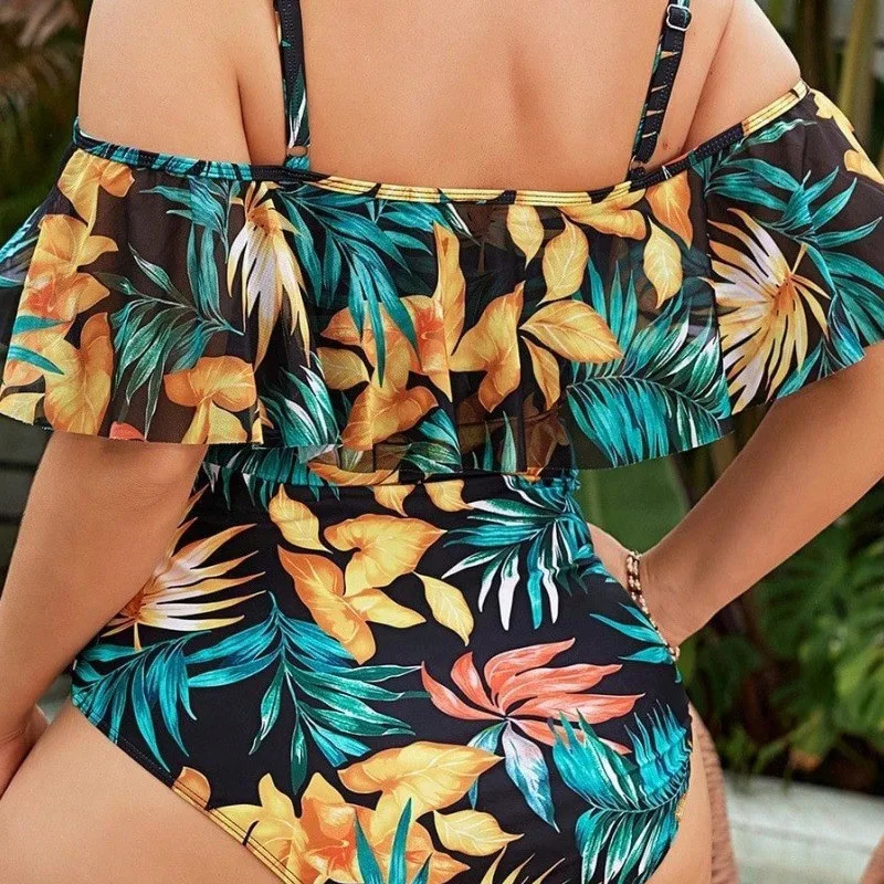 2025 Large Plus Size Halter Swimsuit Women Floral Printed Swimwear Female Bathers Bathing Swimming Swim Suit Beachwear 250603