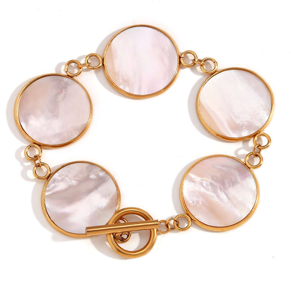 Fashion Niche Versatile Elegant Style Stainless Steel Gold-Plated OT Buckle Natural Mother-of-Pearl Round Bracelet