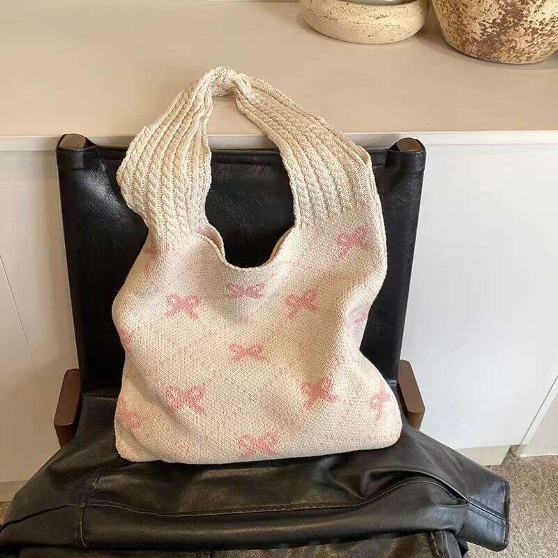 New INS Style Knitted With Bowknot Large Capacity Tote Bag For Women B5